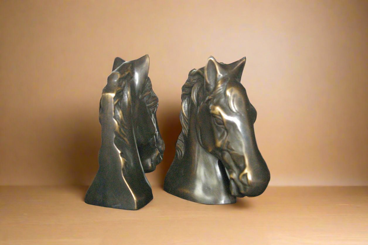 Vintage Ceramic and Brass Glazed Horse Head Bookends - Set of 2